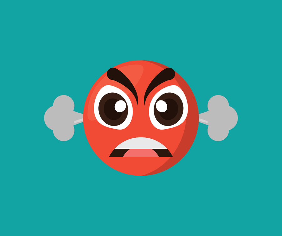 Illustration: Wütender roter Smiley mit zusammengezogenen Augenbrauen, Dampf strömt aus den Ohren