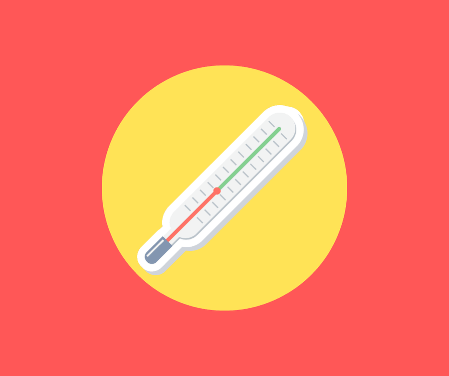 Illustration: Fieberthermometer auf einem gelben Kreis vor rotem Hintergrund