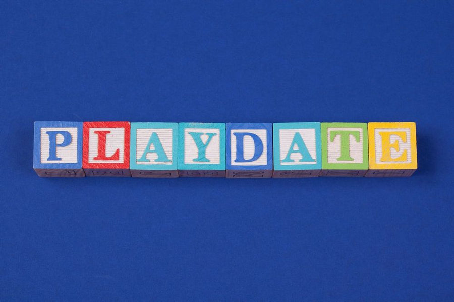 Foto: Bunte Holzwürfel bilden das Wort Playdate auf blauem Hintergrund