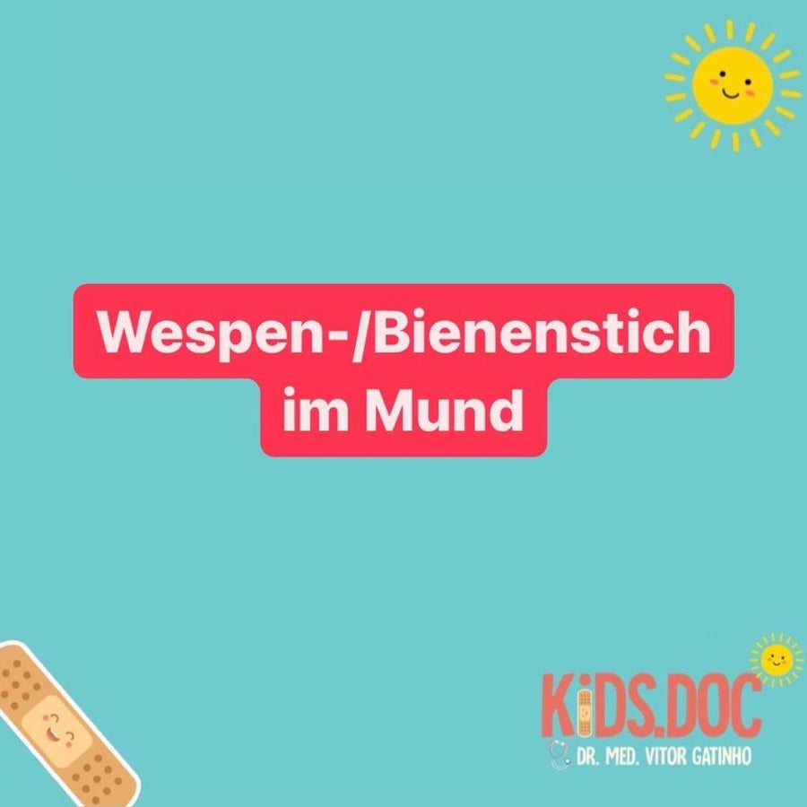 Kids.Doc Grafik mit dem Schriftzug Wespen- und Bienenstich im Mund, dazu Sonne, Pflaster und Logo