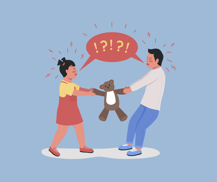 Illustration: Zwei Kinder ziehen an einem Teddybären, darüber eine Sprechblase mit Ausrufe- und Fragezeichen