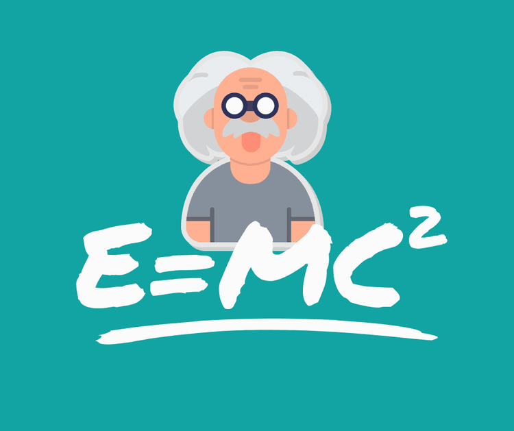 Illustration: Figur mit weißem Haar und Brille, davor die Formel E gleich m c hoch zwei auf türkisem Grund