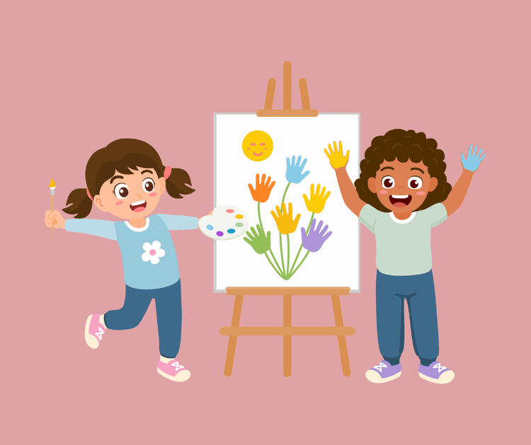 Illustration: Zwei Kinder vor einer Staffelei mit einem Bild aus bunten Handabdrücken