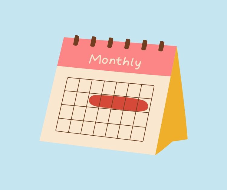 Illustration: Tischkalender mit der Aufschrift Monthly, mehrere Tage sind rot markiert