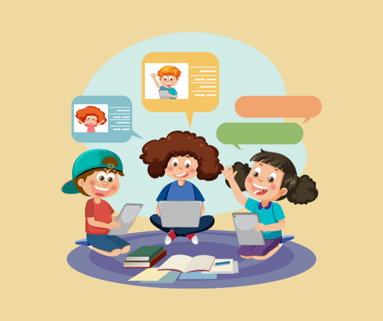 Illustration: Drei Kinder sitzen mit Laptop und Tablets auf dem Boden, dazu Sprechblasen und Bücher