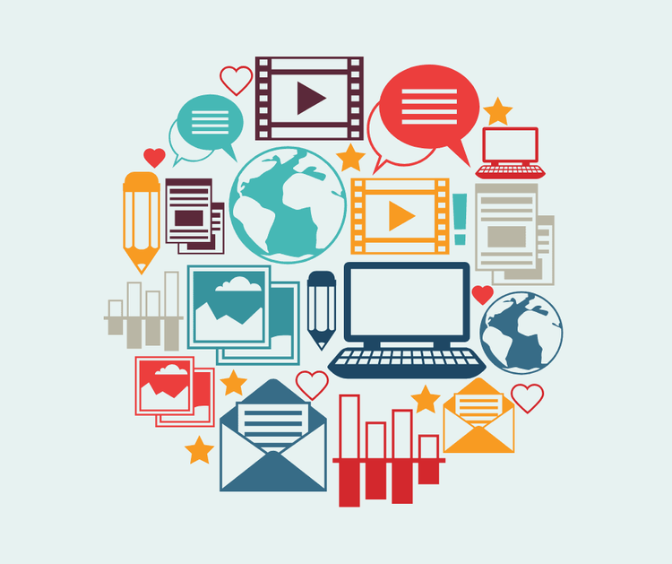 Illustration: Kreis aus Mediensymbolen wie Laptop, Video, Fotos, Sprechblasen, Globus und Diagrammen