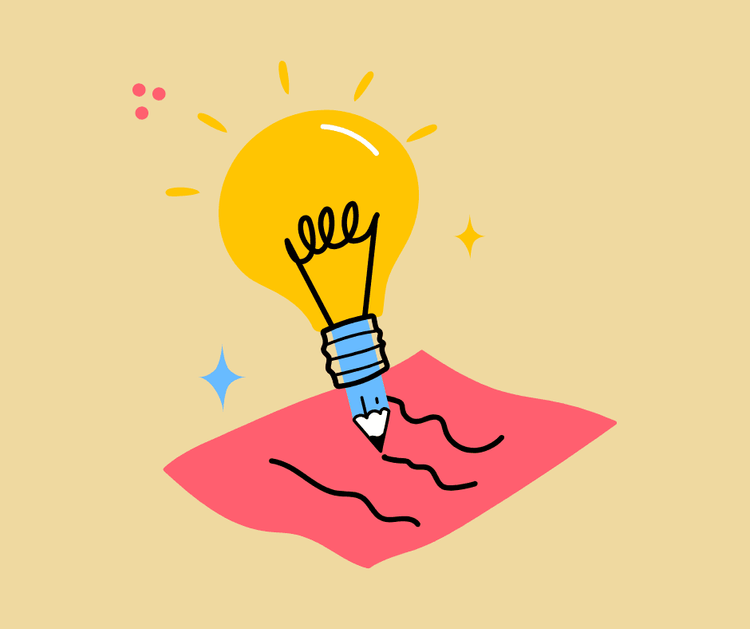 Illustration: Gelbe Glühbirne, deren unteres Ende ein Stift ist und Linien auf ein rotes Blatt zeichnet