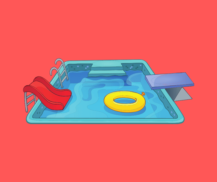 Illustration: Schwimmbecken mit Rutsche, Leiter, Sprungbrett und gelbem Schwimmring