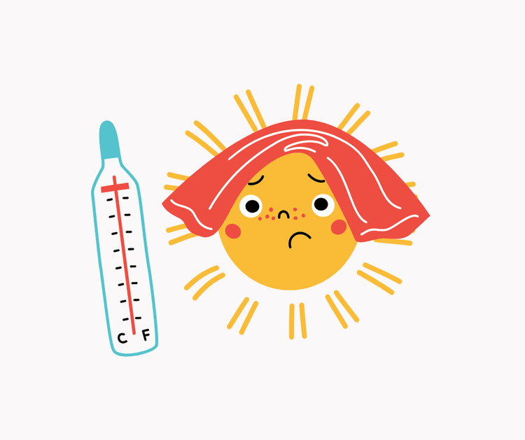Illustration: Sonne mit Handtuch auf dem Kopf und erschöpftem Gesicht, daneben ein Thermometer