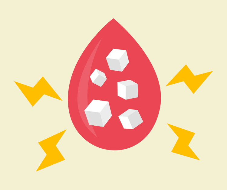 Illustration: Roter Blutstropfen mit Zuckerwürfeln darin, umgeben von gelben Blitzen