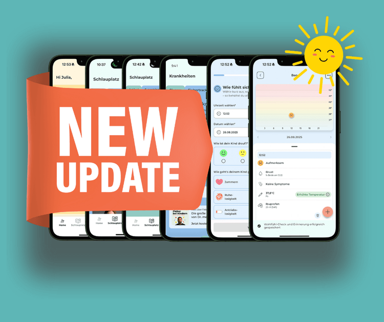 Grafik: Mehrere Smartphones mit App-Ansichten, davor ein Banner mit der Aufschrift New Update