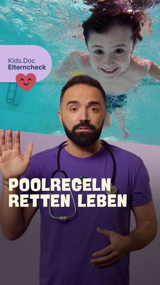 Kids.Doc Elterncheck-Grafik: Arzt mit Stethoskop hebt die Hand, dahinter ein Kind unter Wasser im Pool, Schriftzug Poolregeln retten Leben