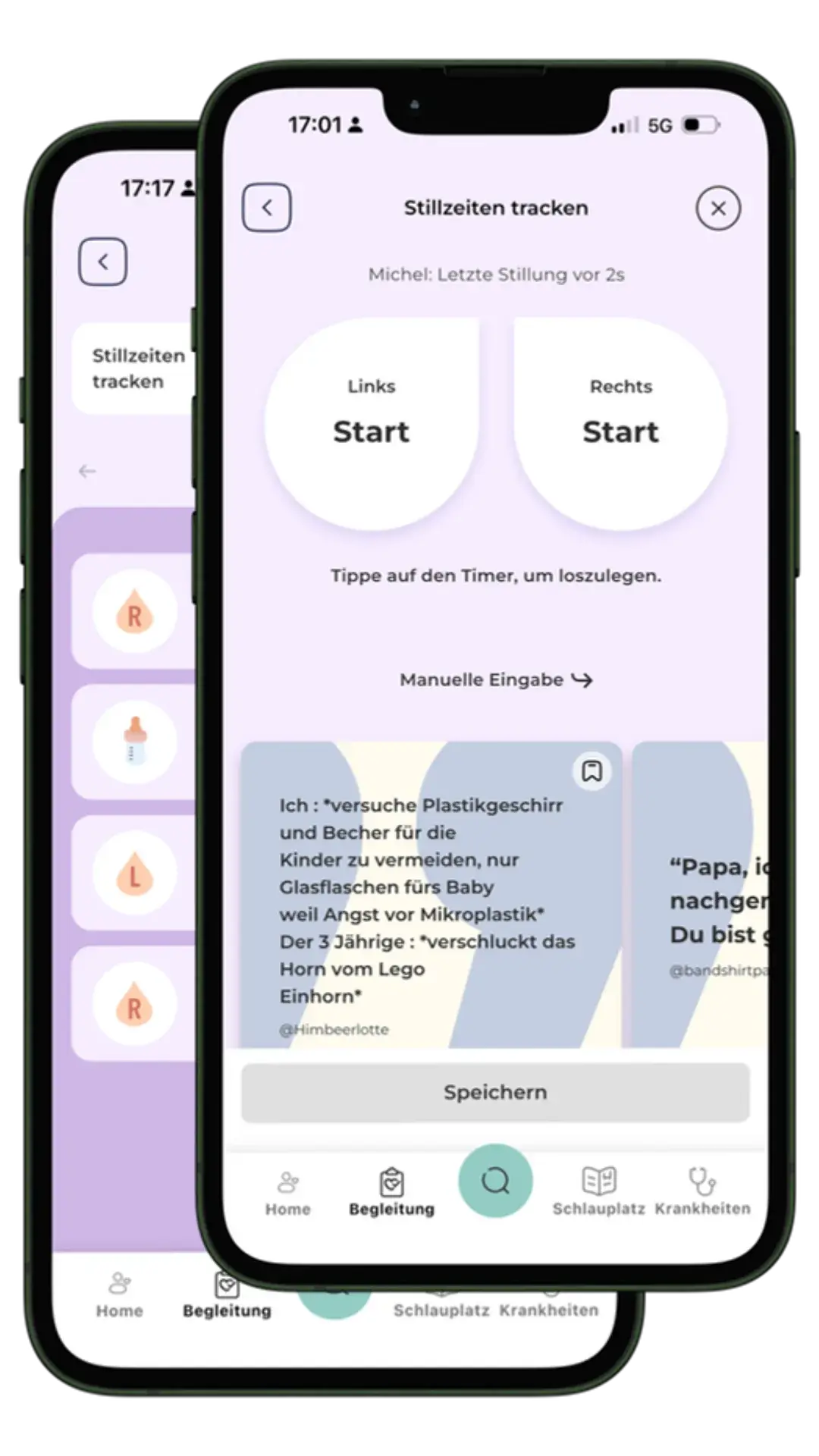Kids Doc App Stillzeiten-Tracker mit Start-Timer links und rechts