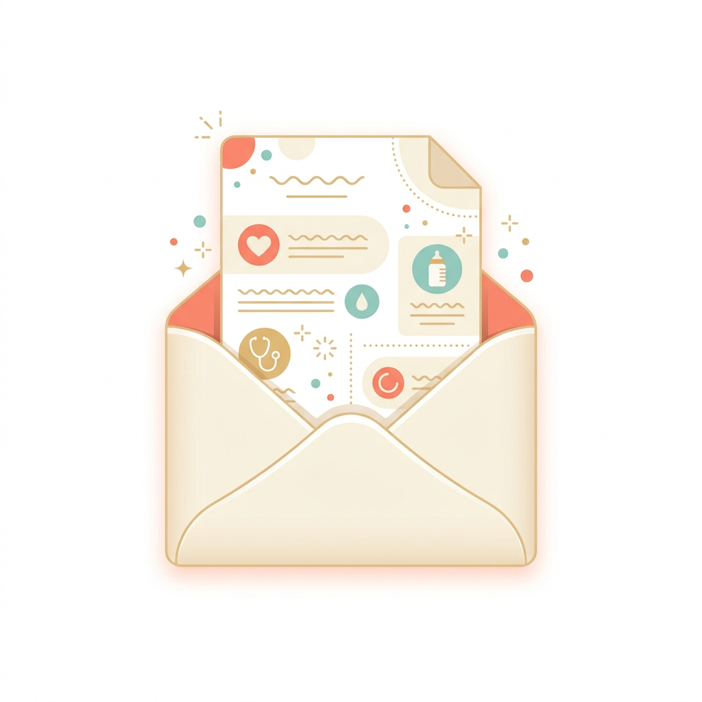 Illustration eines Briefumschlags mit Newsletter-Brief, Herz-, Stethoskop- und Fläschchen-Icons