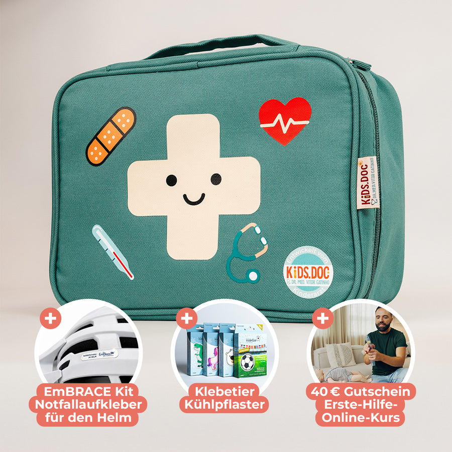 SafeBuddy Erste-Hilfe-Tasche mit Gratiszugaben – EmBRACEKit Notfallaufkleber, Klebetier Kühlpflaster, 40€ Gutschein Erste-Hilfe-Online-Kurs