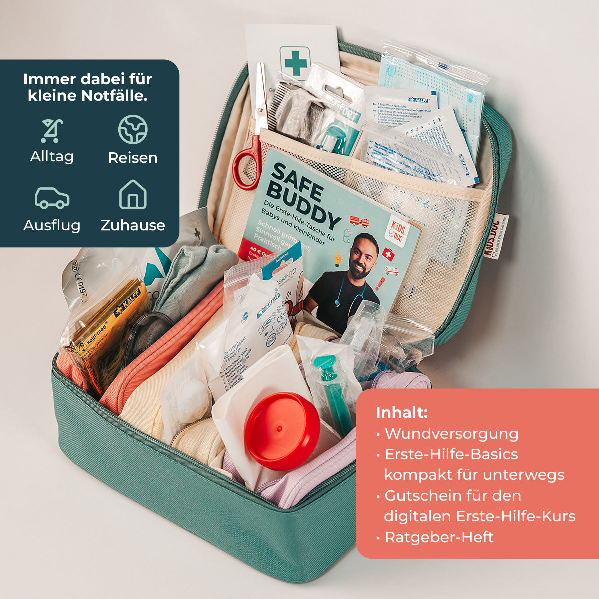 SafeBuddy Erste-Hilfe-Tasche geöffnet mit Inhalt – Wundversorgung, Erste-Hilfe-Basics, Gutschein für den Online-Kurs, Ratgeber-Heft